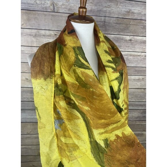 Van Gogh Museum Scarf RARE Sunflowers Yellow Green Boho Lightweight Rectangle - Picture 4 of 10